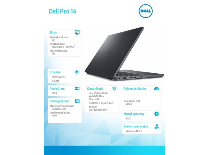 Laptop Dell Pro 14 PC14255/AMD Ryzen 5 220/16GB/512GB SSD CL25/14.0 FHD+/Radeon 740M/FgrPr/FHD/IR Cam/Mic/WLAN+BT/Backlit Kb/3 Cell/W11Pro