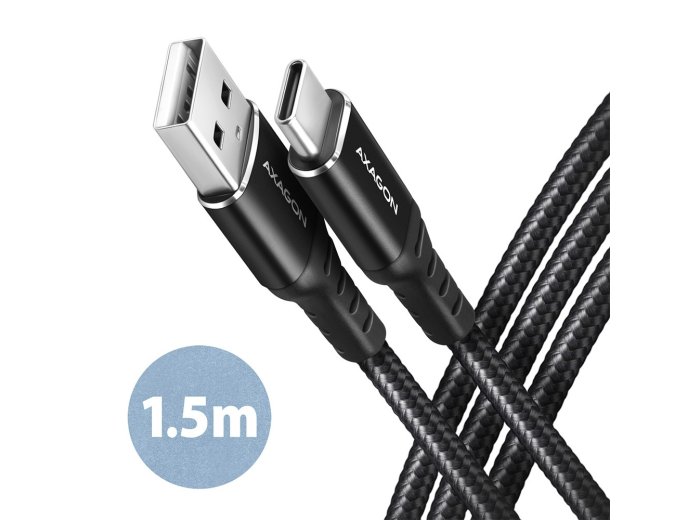 BUCM-AM15AB Kabel USB-C - USB-A 1,5 m, USB 2.0, ładowanie 3A QC3.0/AFC/FCP, aluminiowe wtyki, w oplocie, czarny