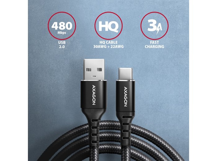 BUCM-AM15AB Kabel USB-C - USB-A 1,5 m, USB 2.0, ładowanie 3A QC3.0/AFC/FCP, aluminiowe wtyki, w oplocie, czarny