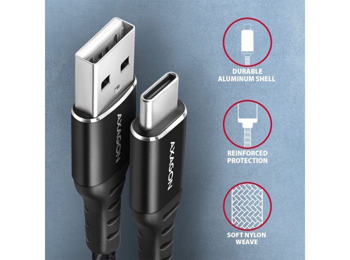BUCM-AM15AB Kabel USB-C - USB-A 1,5 m, USB 2.0, ładowanie 3A QC3.0/AFC/FCP, aluminiowe wtyki, w oplocie, czarny