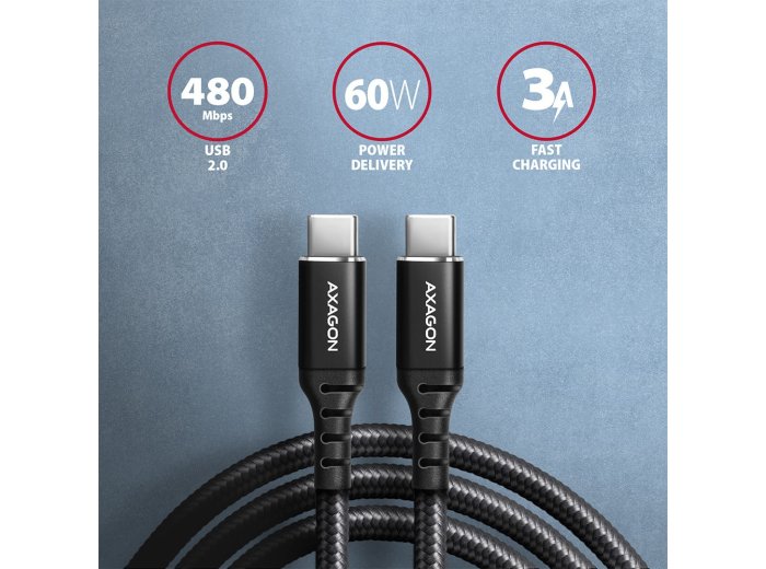 BUCM-CM10AB Kabel USB-C - USB-C 2.0, 1m, PD 60W, 3A, ALU, oplot Czarny