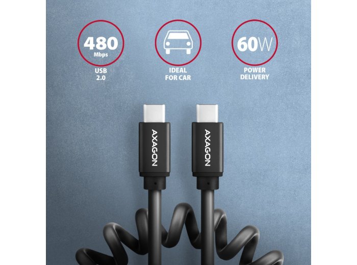 BUCM-CM10TB Kabel spiralny USB-C - USB-C TWISTER 0,6 m, USB 2.0, ładowanie PD 60W/QC4+/AFC/FCP, aluminiowe wtyki, czarny