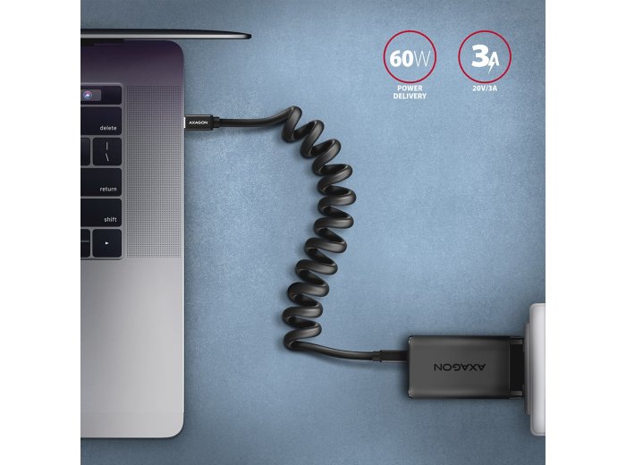 BUCM-CM10TB Kabel spiralny USB-C - USB-C TWISTER 0,6 m, USB 2.0, ładowanie PD 60W/QC4+/AFC/FCP, aluminiowe wtyki, czarny