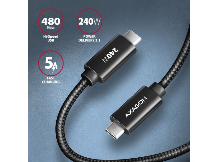 BUCM2-CM20AB Kabel USB-C - USB-C 2 m, USB 2.0, ładowanie PD 240W/PPS/QC4+/AFC/FCP, E-Marker, aluminiowe wtyki, w oplocie, czarny