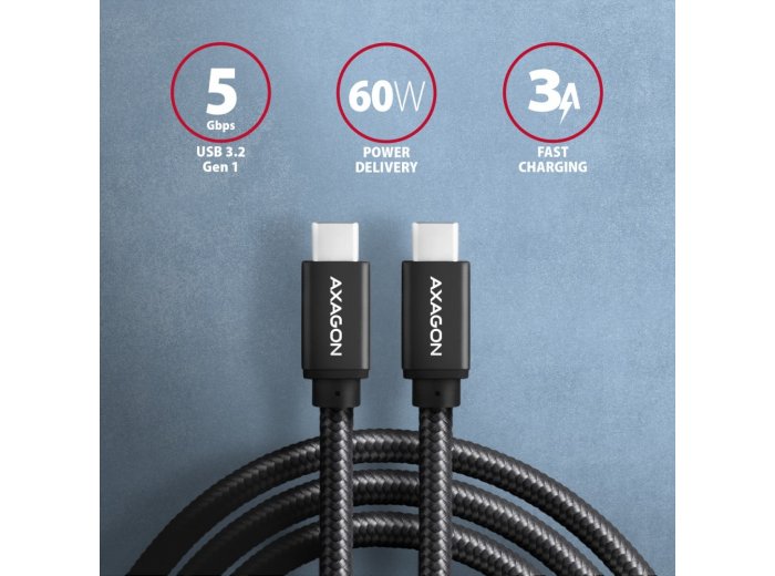 BUCM3-CM20AB Kabel USB-C - USB-C 3.2 Gen 1, 2m, PD 60W, 3A, ALU, oplot, czarny