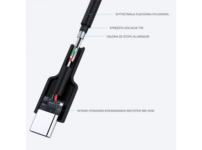CB-CA2 OEM kabel USB-C - USB-A 2m 60W PD 3A 20V FCP AFC nylonowy oplot czarny