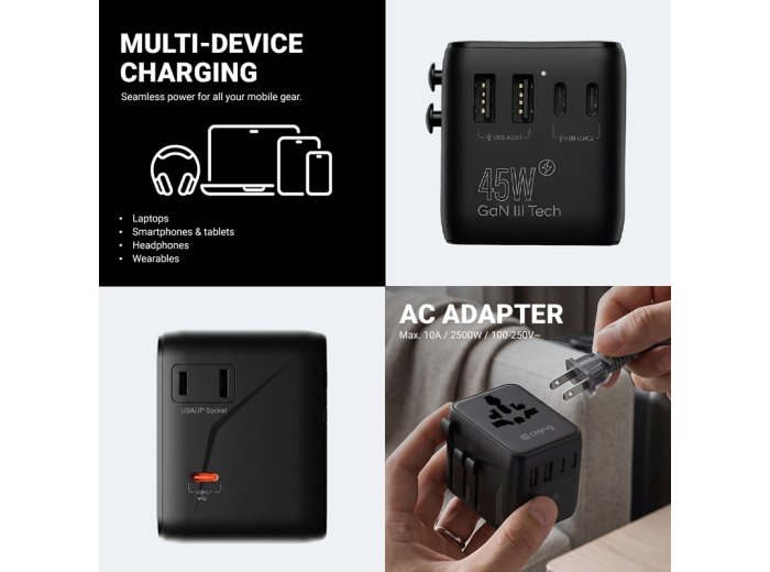 World Travel Adapter GaN 45W UK/EU/US/AU biały