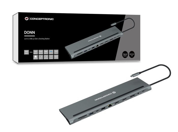 Stacja dokująca CONCEPTRONIC 12-1 USB-C->2xHDMI/3xUSB-A/DP/+ 18cm gr