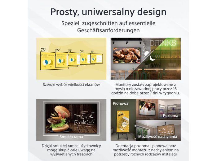 Sony FW-43EZ20L signage display Płaski panel Digital Signage 109,2 cm (43") LED Wi-Fi 350 cd/m2 4K Ultra HD Czarny Android 16/7
