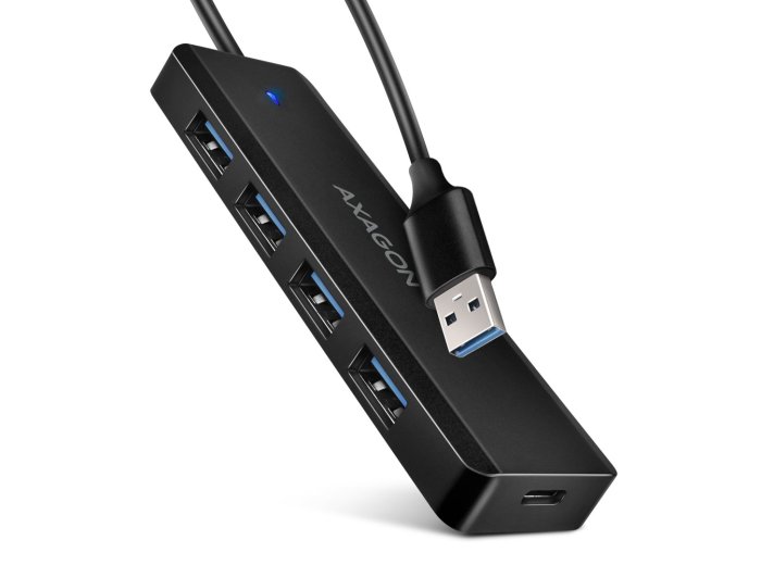 HUB 4-portowy HUE-C1A USB 5Gbps Travel, USB-C power IN, kabel Type-A 19cm, USB-C dodatkowe zasilanie