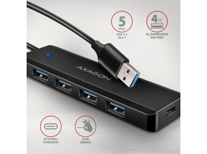 HUB 4-portowy HUE-C1A USB 5Gbps Travel, USB-C power IN, kabel Type-A 19cm, USB-C dodatkowe zasilanie