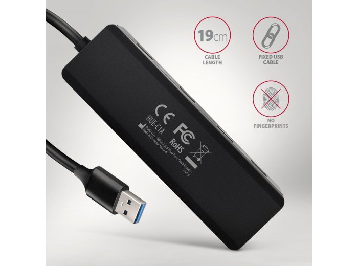 HUB 4-portowy HUE-C1A USB 5Gbps Travel, USB-C power IN, kabel Type-A 19cm, USB-C dodatkowe zasilanie