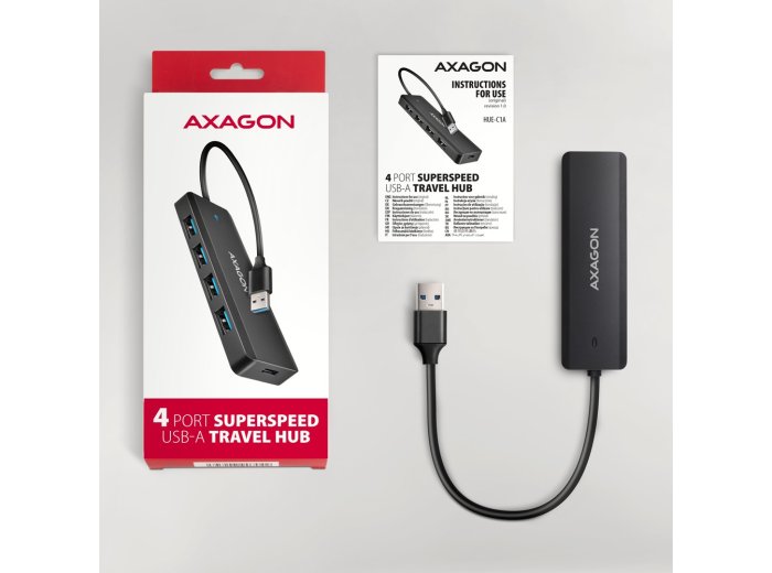 HUB 4-portowy HUE-C1A USB 5Gbps Travel, USB-C power IN, kabel Type-A 19cm, USB-C dodatkowe zasilanie
