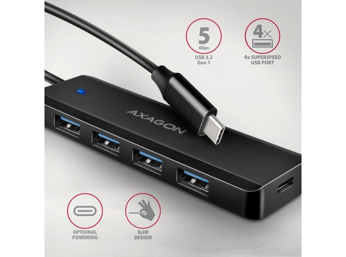 HUB 4-portowy HUE-C1C USB 5Gbps Travel, USB-C power IN, kabel Type-C 19cm, USB-C dodatkowe zasilanie