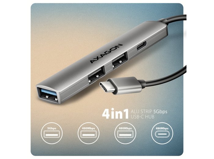HUE-STC HUB 4-portowy 1x USB-A 5Gbps, 2x USB2.0 + 1x USB-C 2.0, 12cm kabel USB-C