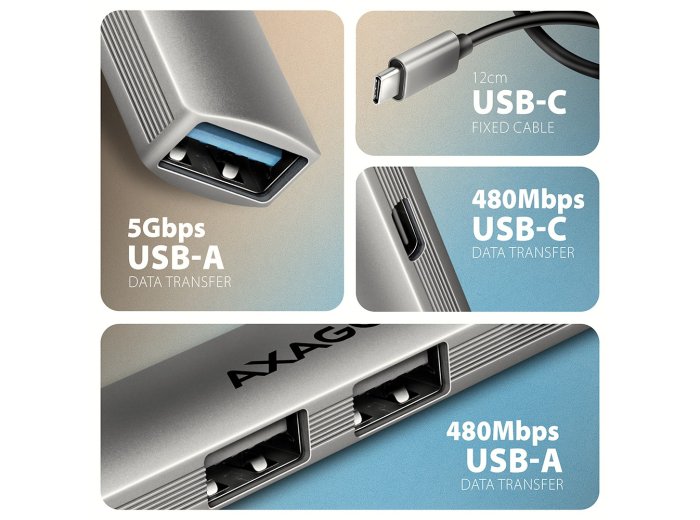 HUE-STC HUB 4-portowy 1x USB-A 5Gbps, 2x USB2.0 + 1x USB-C 2.0, 12cm kabel USB-C