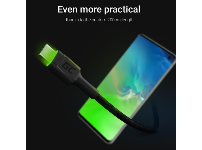 GREEN CELL KABEL KABGC13 GC RAY USB - USB-C 200CM, ZIELONY LED, SZYBKIE ŁADOWANIE ULTRA CHARGE, QC 3.0