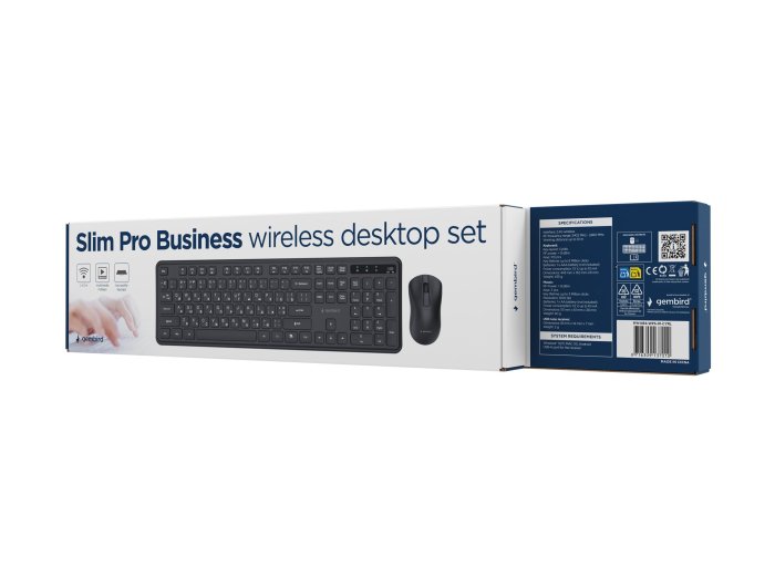 GEMBIRD BEZPRZEWODOWY ZESTAW KLAWIATURY + MYSZ SLIM PRO BUSINESS NA BIURKO, CZARNY, UKŁAD RU