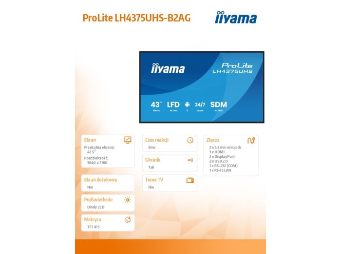 Monitor 43 cale LH4375UHS-B2AG,24/7,IPS,ANDROID.11,4K, WiFi,          iiSignage2, FailOver, EShare, 24/7, full daisy chain