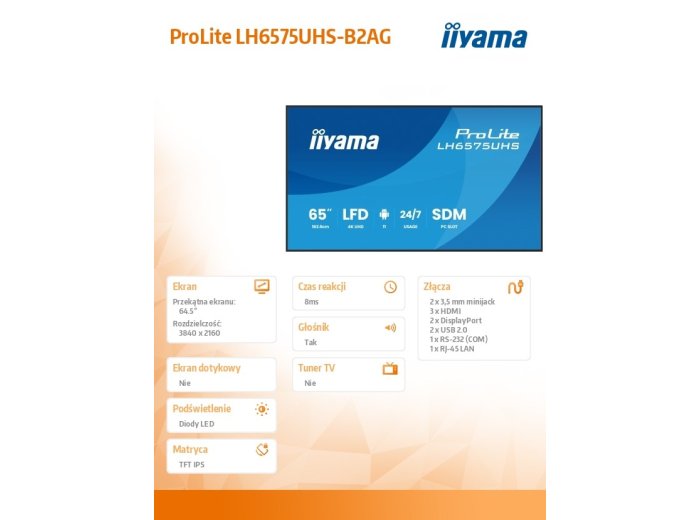 Monitor 65 cali LH6575UHS-B2AG,24/7,IPS,ANDROID.11,4K, WiFi, iiSignage2, FailOver, EShare, 24/7, full daisy chain