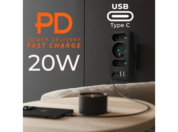 Rozdzielacz na 3 gniazdka MCE248 F/B 2xUSB-A 2xUSB-C czarny