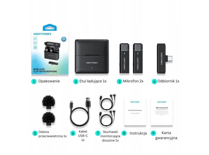 Zestaw 2 bezprzewodowych mikrofonów krawatowych Vention USB-C z etui ładującym czarny