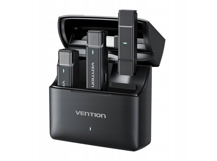 Zestaw 2 bezprzewodowych mikrofonów krawatowych Vention USB-C z etui ładującym czarny