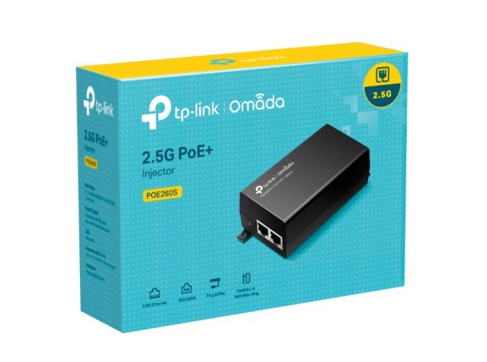 Injector Adapter Omada 2.5G PoE+ PORT: 1× 2.5G PoE Port, 1× 2.5G Non-PoE Port POE260S