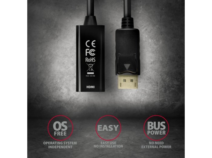 RVD-HI14N Adapter aktywny DisplayPort -> HDMI 1.4, 4K/30Hz, kabel 18cm