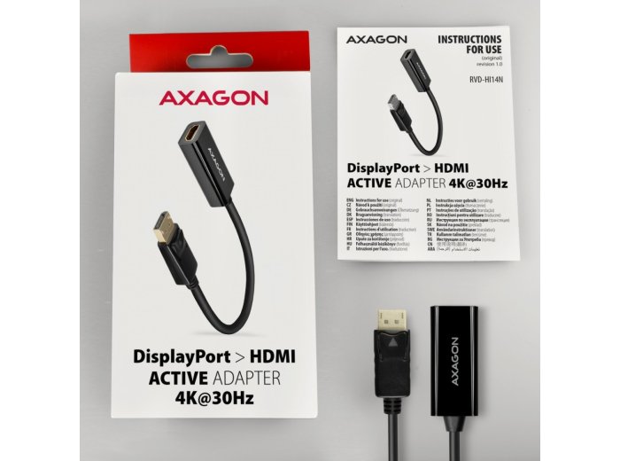 RVD-HI14N Adapter aktywny DisplayPort -> HDMI 1.4, 4K/30Hz, kabel 18cm