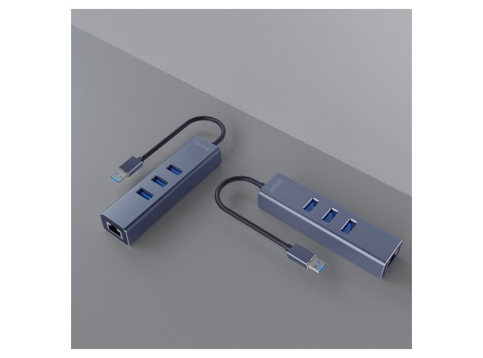 Hub AK-58 3-portowy USB-A 3.1 Gen 1 z adapterem RJ-45 Gigabit Ethernet
