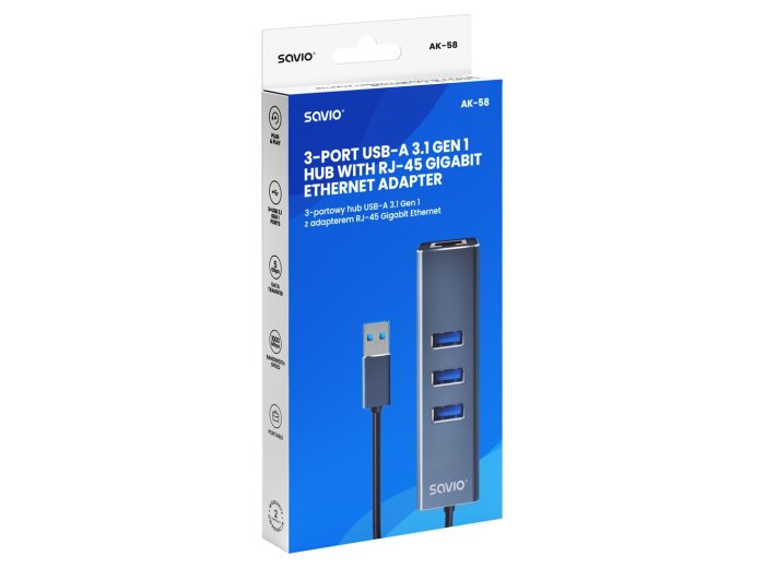 Hub AK-58 3-portowy USB-A 3.1 Gen 1 z adapterem RJ-45 Gigabit Ethernet
