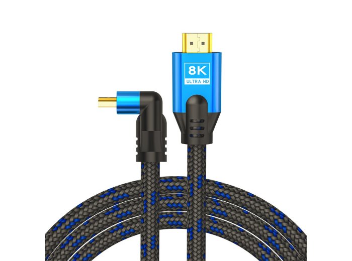Kabel HDMI (M) v2.1, 1,8m, kątowy, 8K, miedź, niebiesko-czarny, złote końcówki, ethernet/3D, CL-147