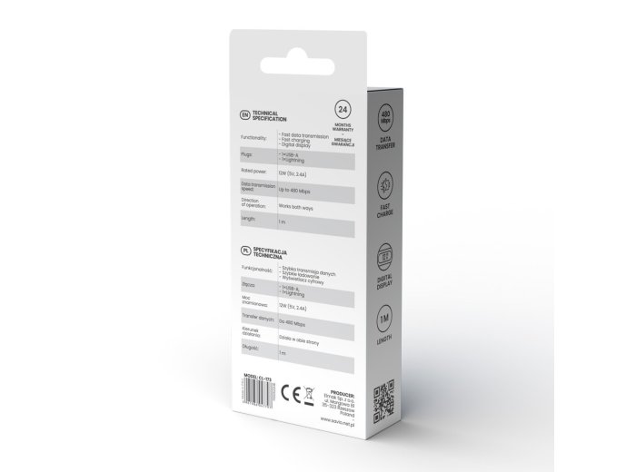 Kabel USB - USB C z wyświetlaczem, 100W, CL-174