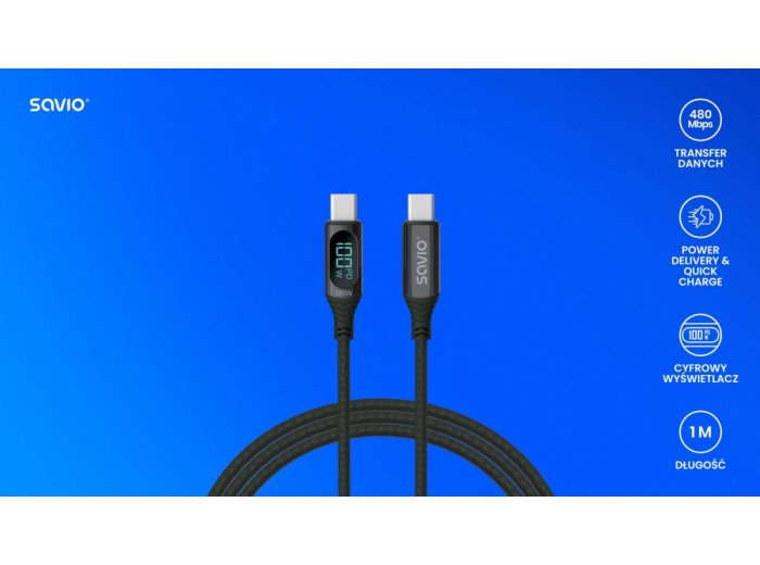 Kabel USB - USB C z wyświetlaczem, 100W, CL-174