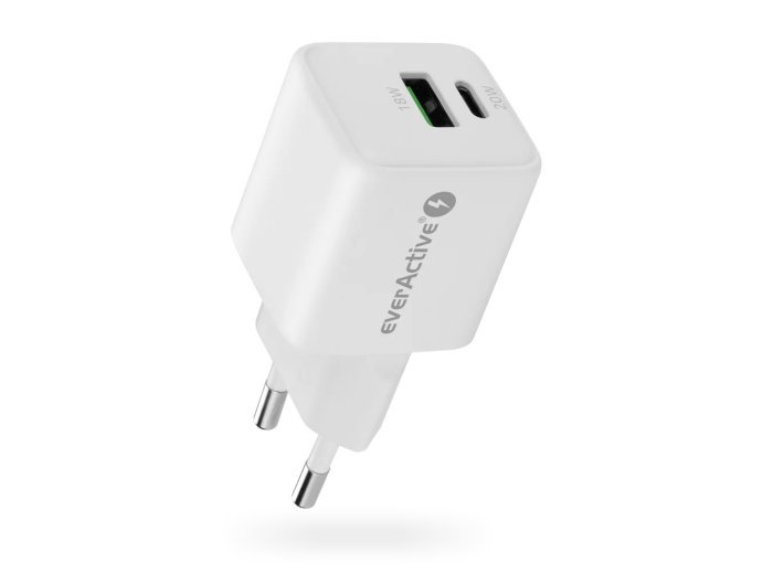 Ładowarka sieciowa GaN 1X USB, 1X USB-C 20W QC3.0 Biała