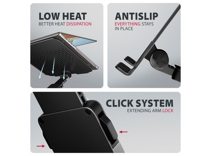 STND-LRB Podstawka pod laptopa 10"-17,3", aluminiowa, obrotowa 360°, regulowana wysokość do 260 mm, składana, obciążenie do 5 kg, czarna