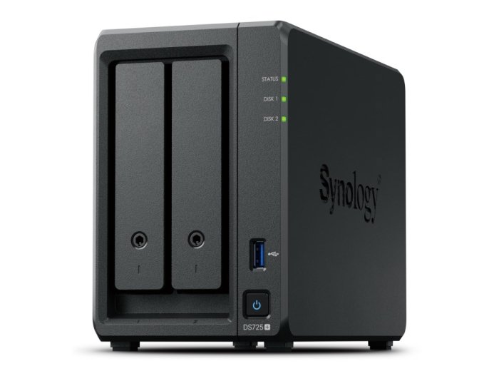 NAS Synology DS725+, Tower, 2x 2.5"/3.5" SATA + 2x M.2 2280 NVMe SSD; AMD Ryzen R1600; 4GB DDR4 (max.32GB), 1x 1GbE RJ-45, 1x 2.5GbE RJ-45, 1x USB 3.2, adapter 65W