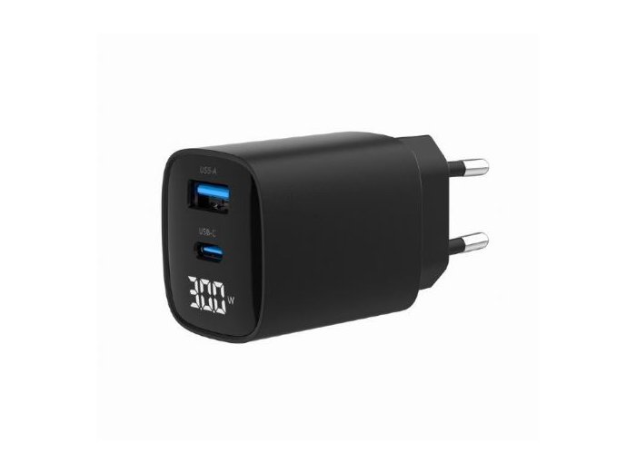 Ładowarka GaN 1xUSB-A 1xUSB-C LCD 30W PD QC3.0 czarna