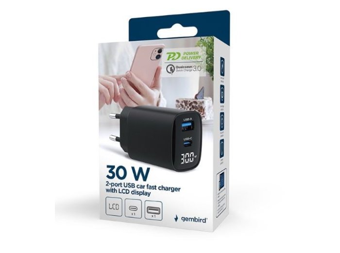 Ładowarka GaN 1xUSB-A 1xUSB-C LCD 30W PD QC3.0 czarna
