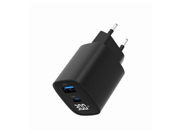 Ładowarka GaN 1xUSB-A 1xUSB-C LCD 30W PD QC3.0 czarna