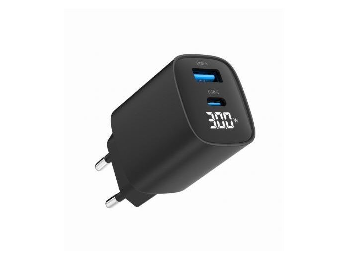 Ładowarka GaN 1xUSB-A 1xUSB-C LCD 30W PD QC3.0 czarna