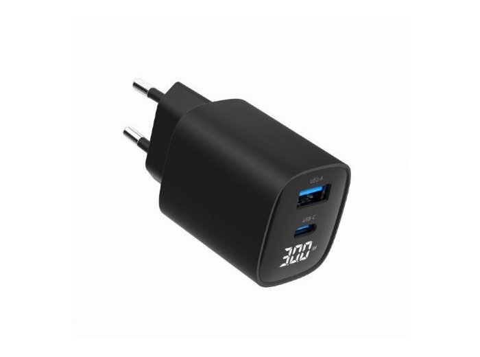 Ładowarka GaN 1xUSB-A 1xUSB-C LCD 30W PD QC3.0 czarna