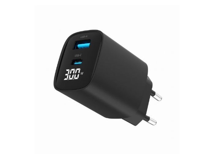 Ładowarka GaN 1xUSB-A 1xUSB-C LCD 30W PD QC3.0 czarna