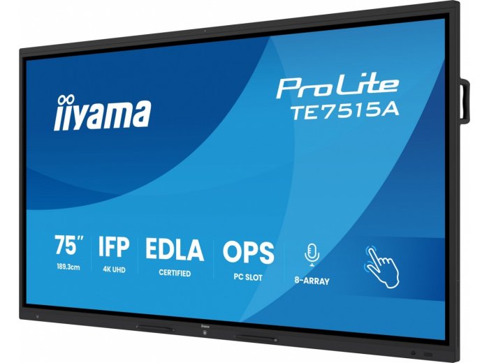 Monitor interaktywny 75 cali TE7515A-B2AG, VA,4K,40pkt,550cd,DeepContrast-IR+, HDMI x2,DP,USB-C, 2 x 20W, OPS Slot x1, 5xUSB, 2xRJ45,8-Array,EDLA,