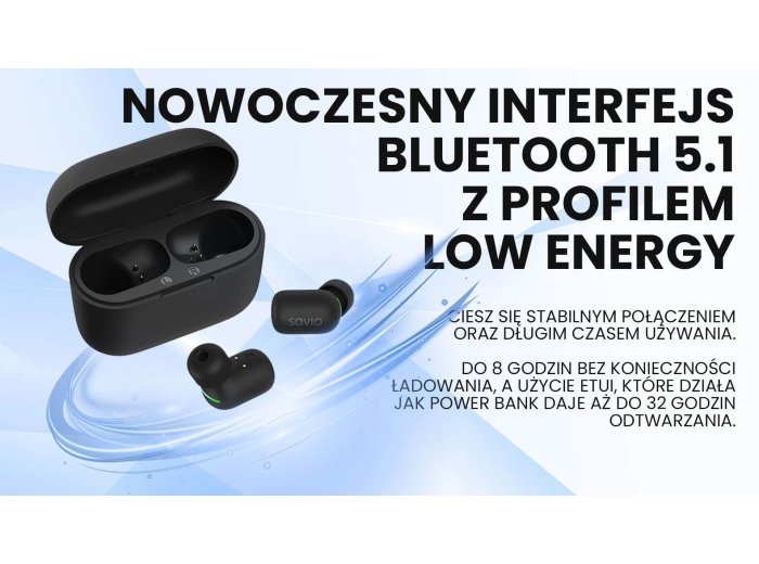 SAVIO BEZPRZEWODOWE SŁUCHAWKI BLUETOOTH 5.1 IPX5 TWS-09