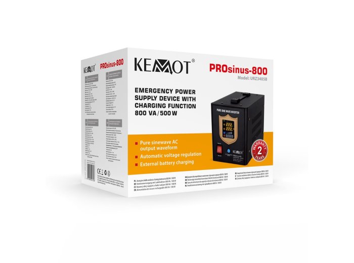 Zasilacz awaryjny KEMOT PROsinus-800 przetwornica z czystym przebiegiem sinusoidalnym i funkcją ładowania 12V 230V 800VA/500W - kolor czarny