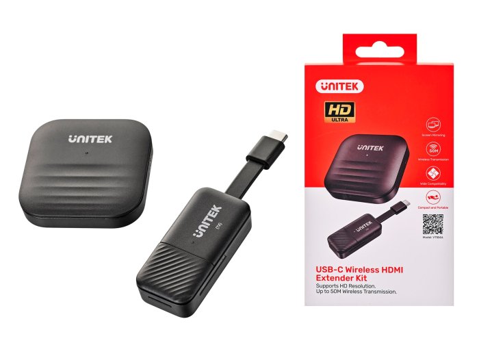 UNITEK BEZPRZEWODOWY NADAJNIK HDMI DO 50M, USB-C, CZARNY