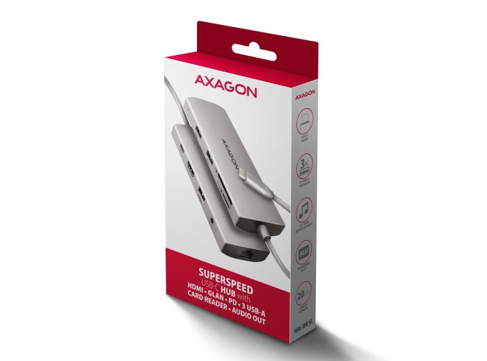 AXAGON HMC-8HLSA Wieloportowy koncentrator USB-C 3.2 Gen 1, 3x USB-A + 4K/60Hz HDMI + SD/microSD, Gigabit LAN, Audio, PD 100W - Srebrny