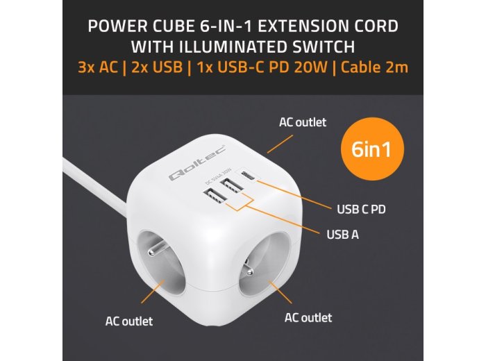 Kostka zasilająca przedłużacz 6w1 z podświetlanym włącznikiem | 3x AC | 2x USB | 1x USB-C PD 20W | biała | kabel 2m